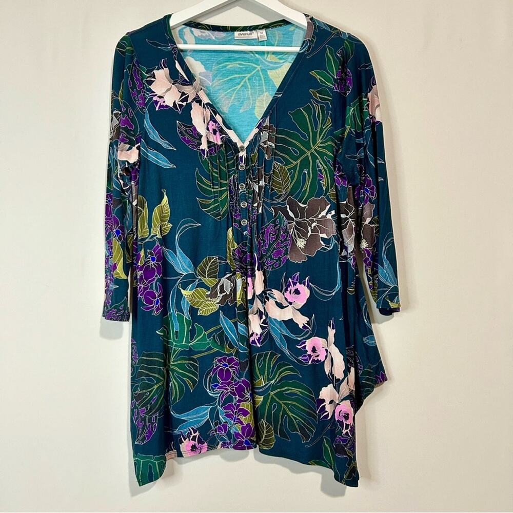 Avenue Women’s Floral Print 3/4 Sleeve Shirt Blue Green Size 14 EUC